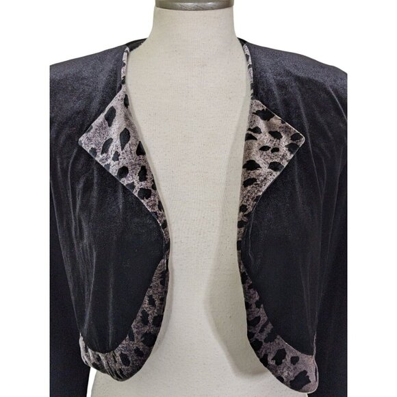 Womens Cropped Open Jacket Womens Size S Black Velvet Leopard Print Collar Shrug - Picture 2 of 5